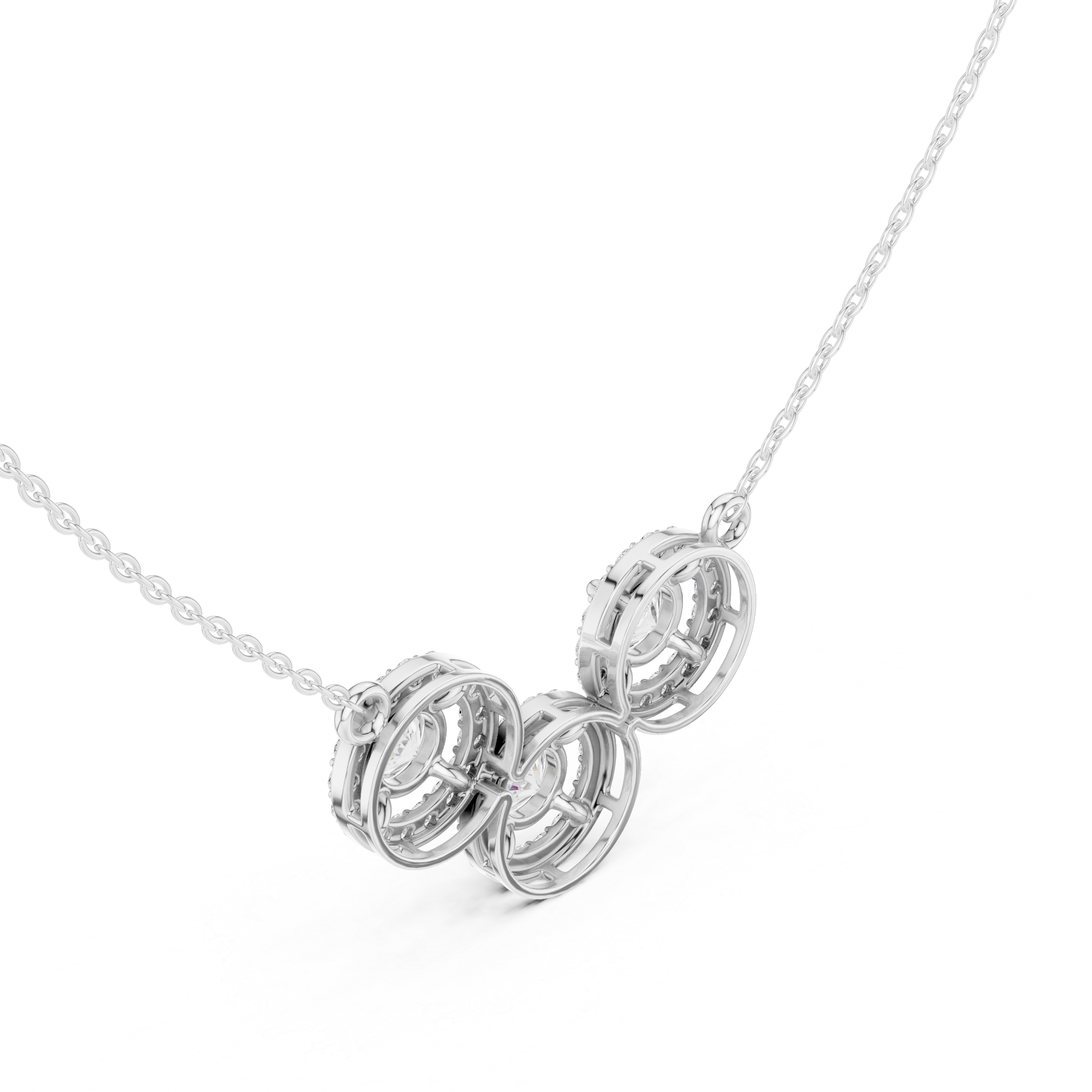 Triple Circle Halo Moissanite Diamond Pendant Necklace in Solid Gold | Modern Designer Fine Jewelry