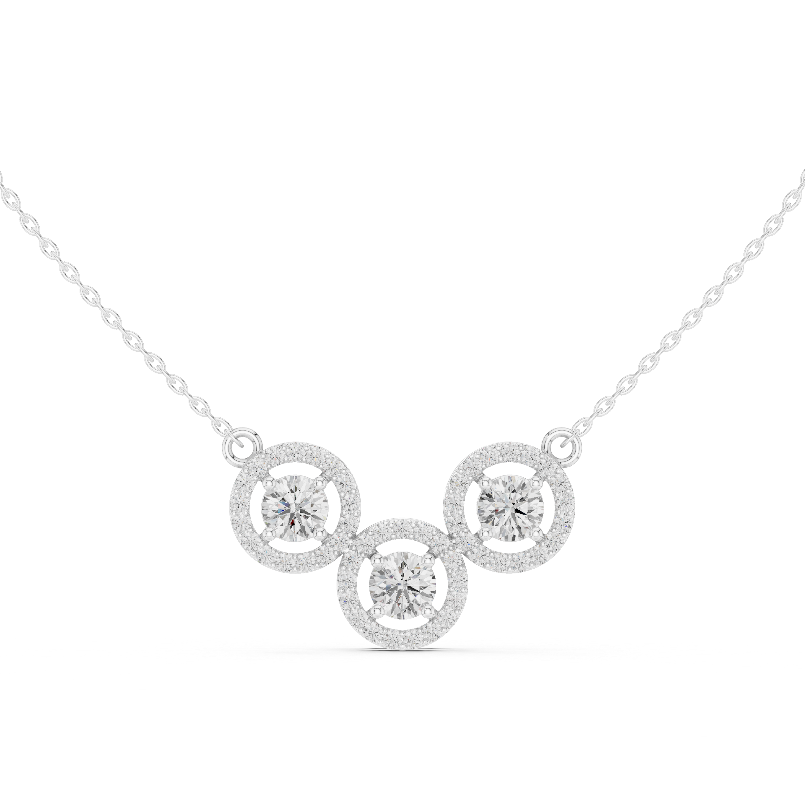 Triple Circle Halo Moissanite Diamond Pendant Necklace in Solid Gold | Modern Designer Fine Jewelry