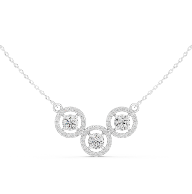 Triple Circle Halo Moissanite Diamond Pendant Necklace in Solid Gold | Modern Designer Fine Jewelry
