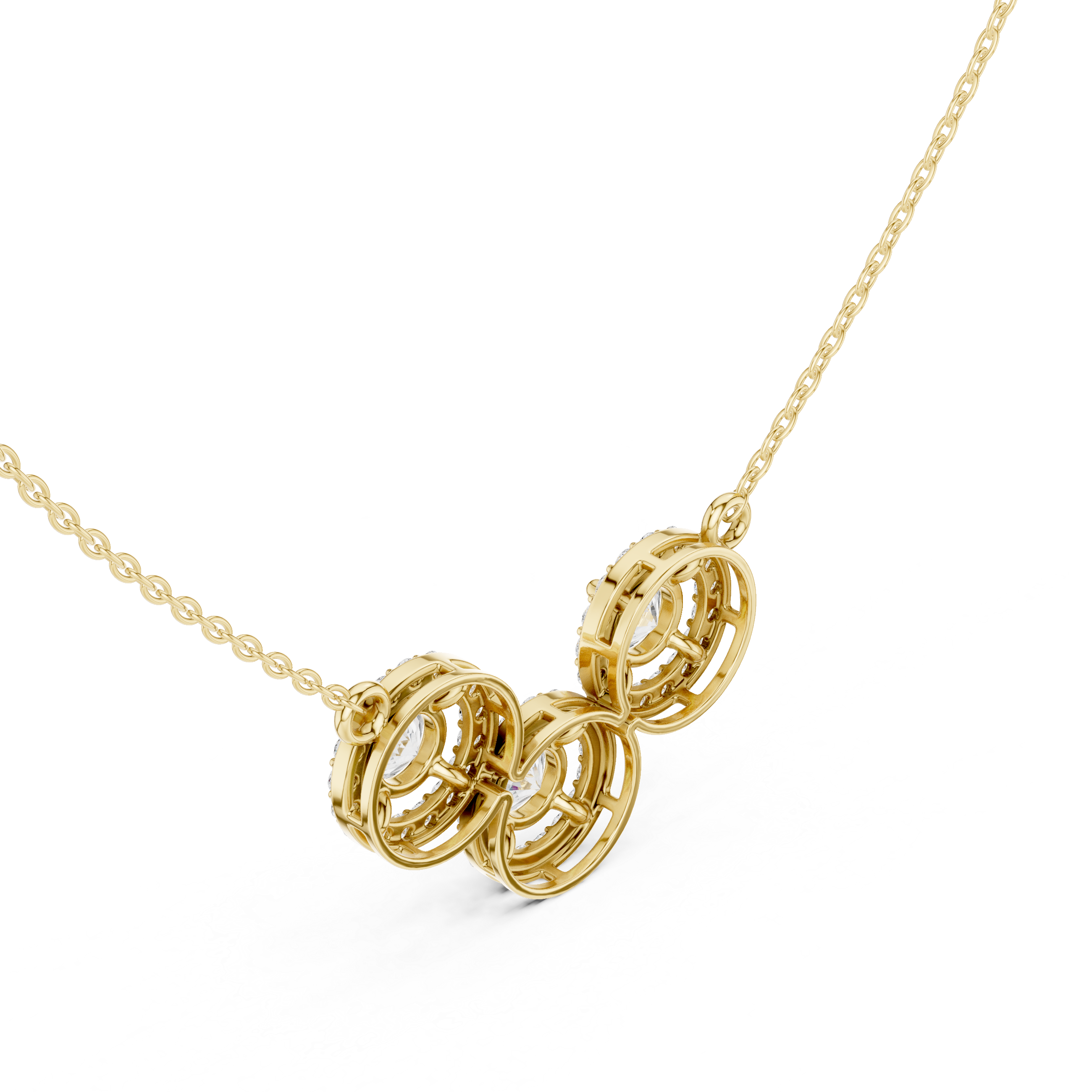 Triple Circle Halo Moissanite Diamond Pendant Necklace in Solid Gold | Modern Designer Fine Jewelry