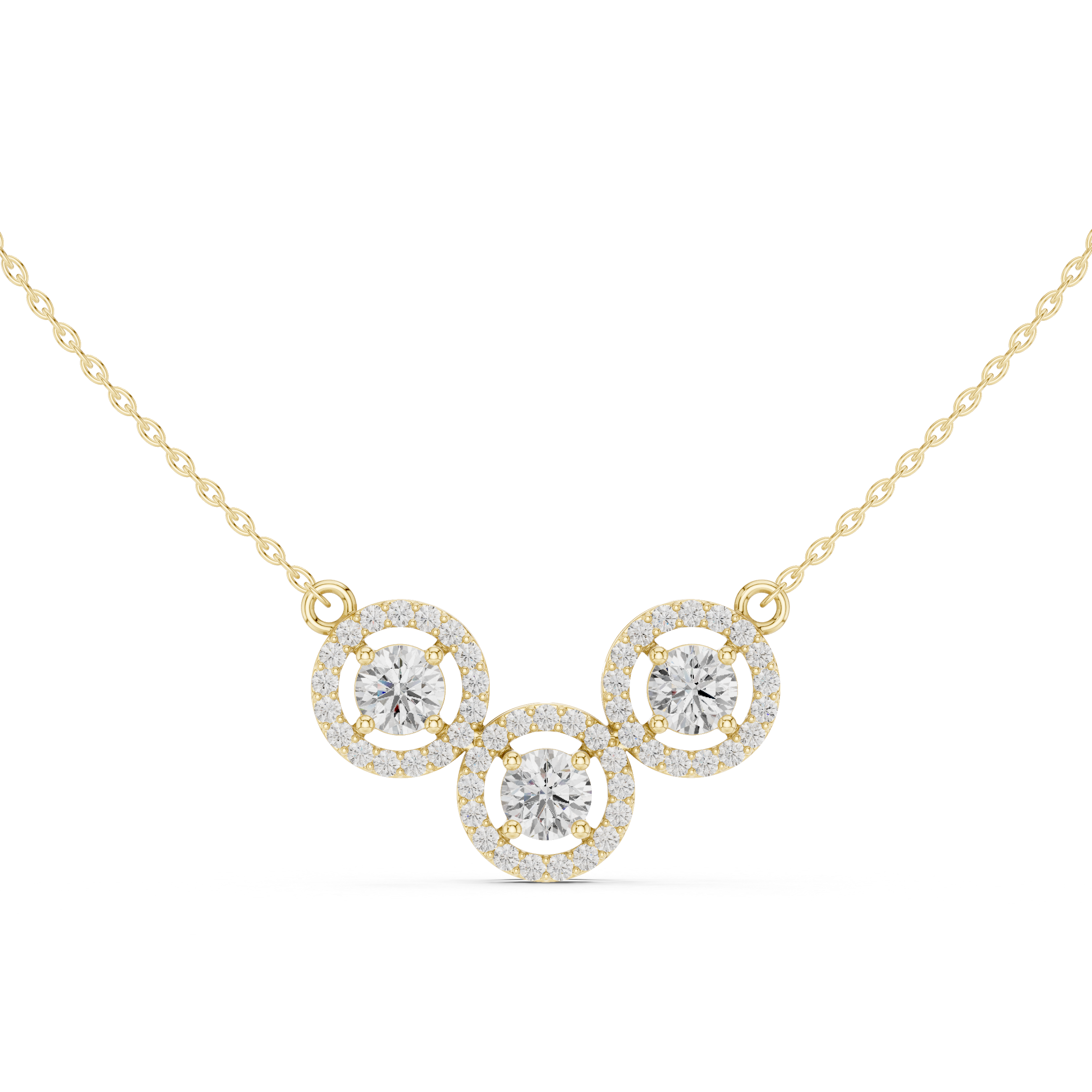 Triple Circle Halo Moissanite Diamond Pendant Necklace in Solid Gold | Modern Designer Fine Jewelry