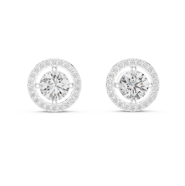 Round Cut Moissanite Halo Stud Earrings in Solid Gold | Circle Frame Diamond Accent Fine Jewelry