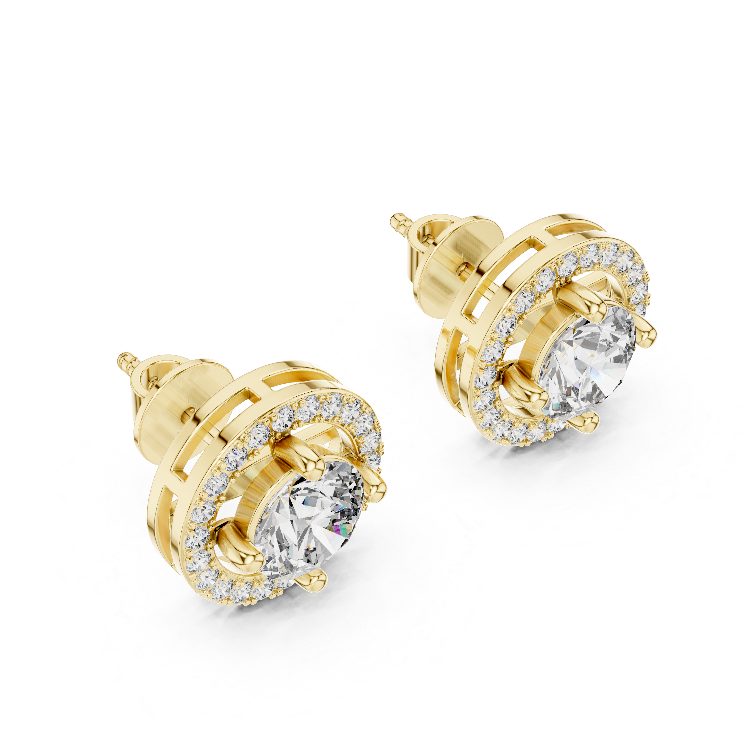 Round Cut Moissanite Halo Stud Earrings in Solid Gold | Circle Frame Diamond Accent Fine Jewelry